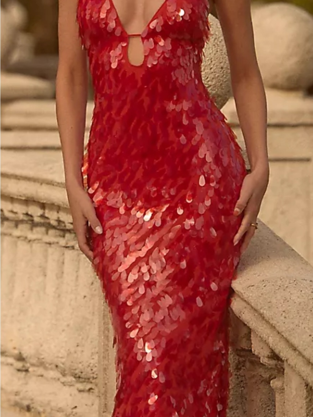 Strapless Red Sequin Evening Dress with Plunge Detail